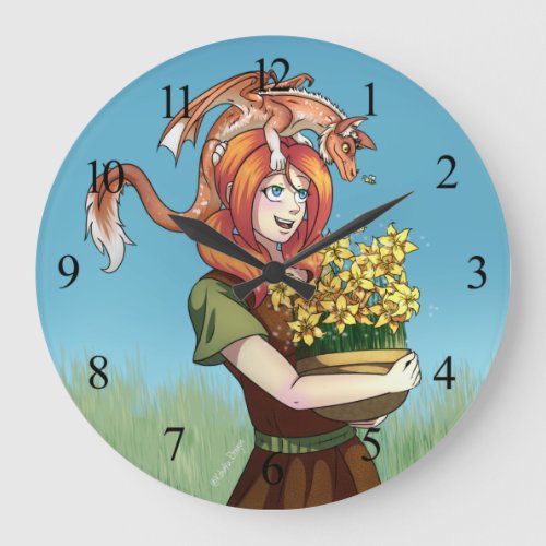 Gathering Flowers with a Dragon Large Clock