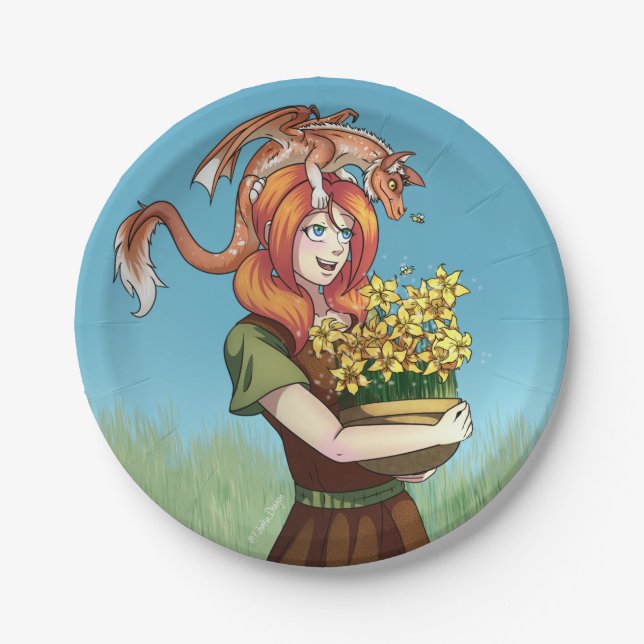 Gathering Flowers with a Dragon Paper Plates (Front)