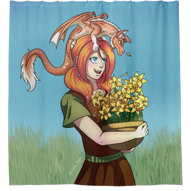Gathering Flowers with a Dragon Shower Curtain (Front)