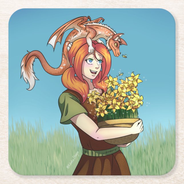 Gathering Flowers with a Dragon Square Paper Coaster (Front)