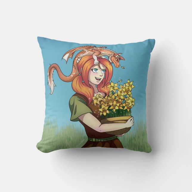 Gathering Flowers with a Dragon Throw Pillow (Front)