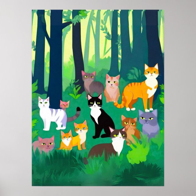 Gathering of Cats in a Shady Forest Glade Poster (Front)