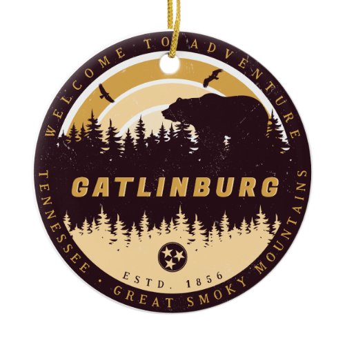Gatlinburg Tennessee Bear Pine Trees Nature Ceramic Ornament