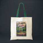 Gatlinburg Tennessee Cabin Travel Art Vintage Tote Bag<br><div class="desc">Gatlinburg retro vector travel design. Gatlinburg is a charming mountain town nestled at the gateway to Great Smoky Mountains National Park,  known for its scenic views,  cozy cabins,  hiking trails,  and family attractions.</div>