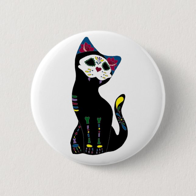 'Gato Muerto' Dia De Los Muertos Cat Pinback Button (Front)