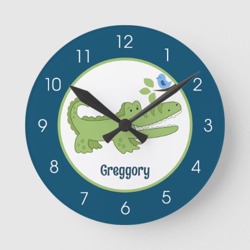Gator Crocodile Navy Blue Green Jungle Safari  Round Clock