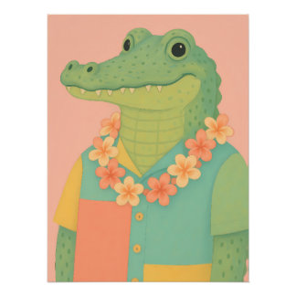 Gator in a color-blocked Hawaiian shirt with lei Poster