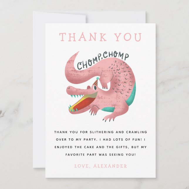 Gator Theme Birthday Party Pink Thank You Card (Front)