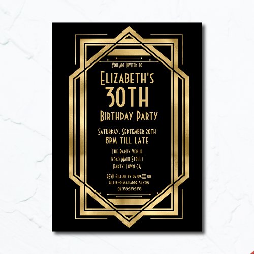 Gatsby 1920s Art Deco Black  Gold 30th Birthday Invitation