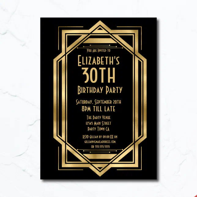 Gatsby 1920s Art Deco Black | Gold 30th Birthday Invitation | Zazzle