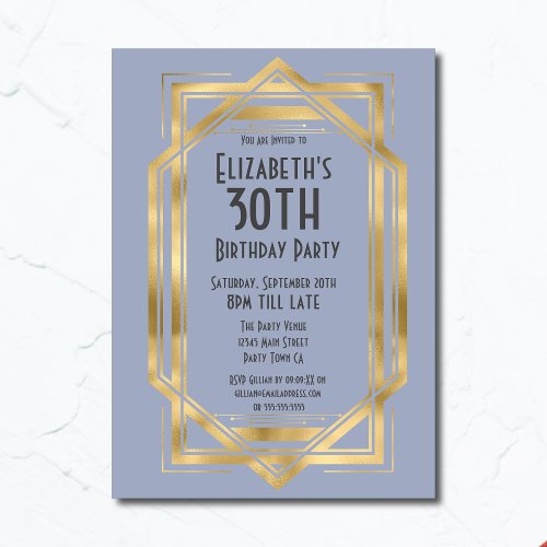 Gatsby 1920s Art Deco Blue  Gold 30th Birthday Invitation