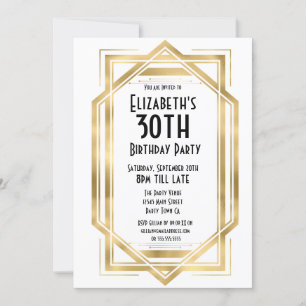 Gatsby 1920s Art Deco White   Gold 30th Birthday Invitation