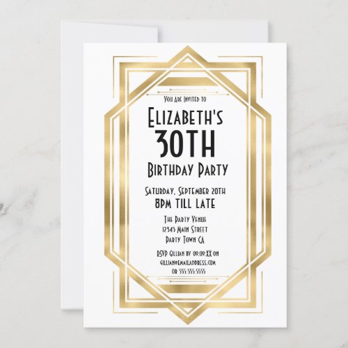 Gatsby 1920s Art Deco White  Gold 30th Birthday Invitation