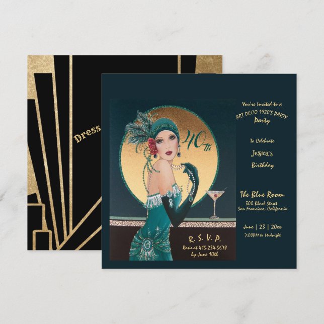 Gatsby Art Deco 40TH Birthday Party Invitations (Front/Back)