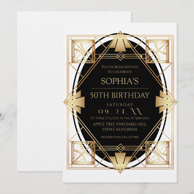 Gatsby Art Deco 50th Birthday Party Invitation (Front/Back)