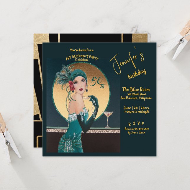 Gatsby Art Deco 50th Birthday Party Invitations (Front/Back In Situ)