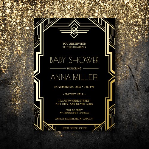 Gatsby Art Deco Black and Gold Baby Shower Foil Invitation