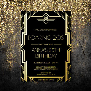 Gatsby Art Deco Black and Gold Birthday Party Foil Invitation
