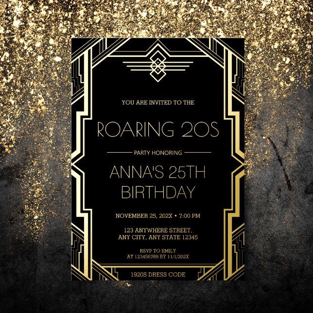 Gatsby Art Deco Black and Gold Birthday Party Foil Invitation (Creator Uploaded)