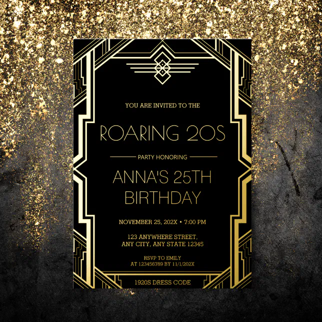 Gatsby Art Deco Black and Gold Birthday Party Foil Invitation | Zazzle