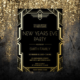 Gatsby Art Deco Black and Gold New Years Eve Party Foil Invitation