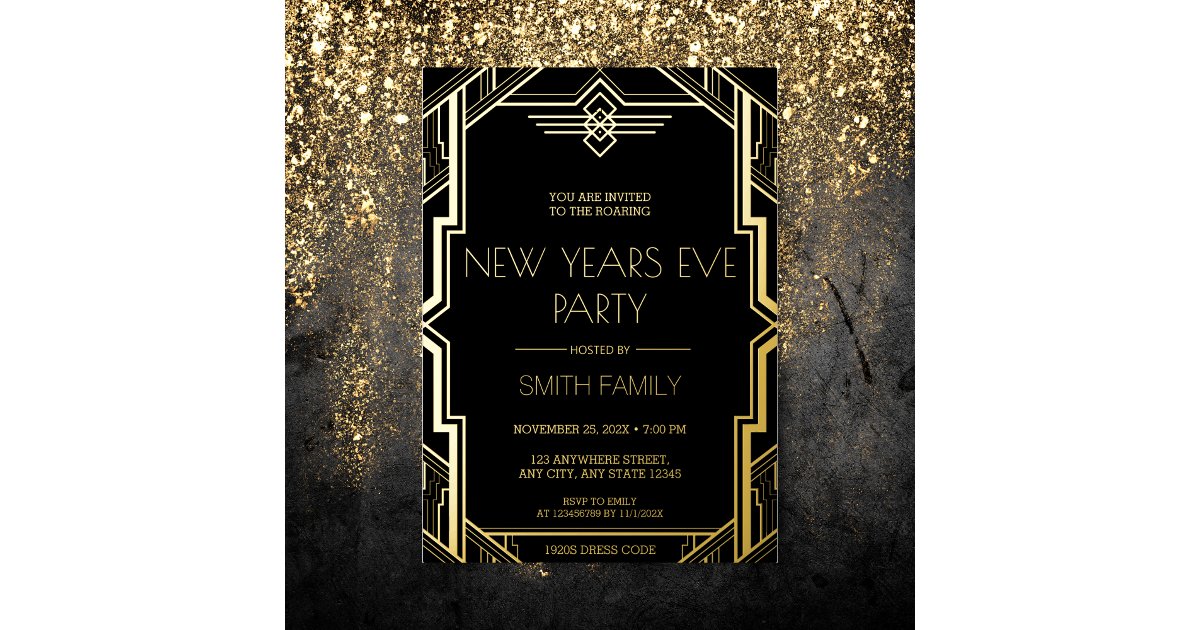 Gatsby Art Deco Black and Gold New Years Eve Party Foil Invitation | Zazzle
