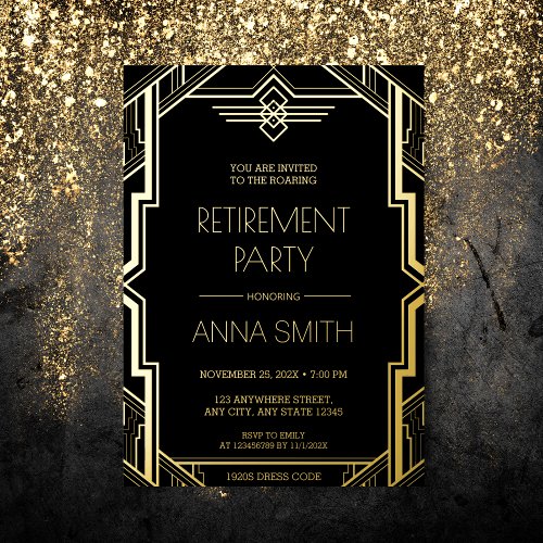 Gatsby Art Deco Black and Gold Retirement Party Fo Foil Invitation