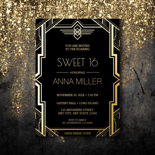 Gatsby Art Deco Black and Gold Sweet 16 Foil Invitation