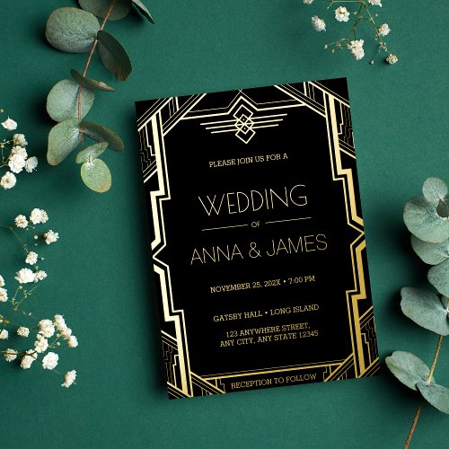 Gatsby Art Deco Black and Gold Wedding Foil Invitation