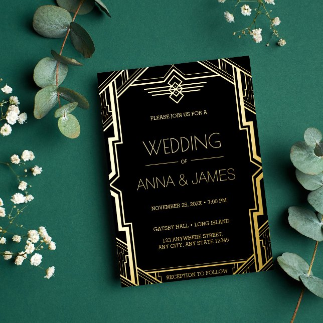 Gatsby Art Deco Black and Gold Wedding Foil Invitation (Creator Uploaded)