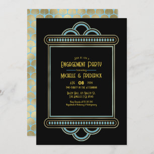 Gatsby Art Deco Blue & Gold Engagement Party Photo Invitation