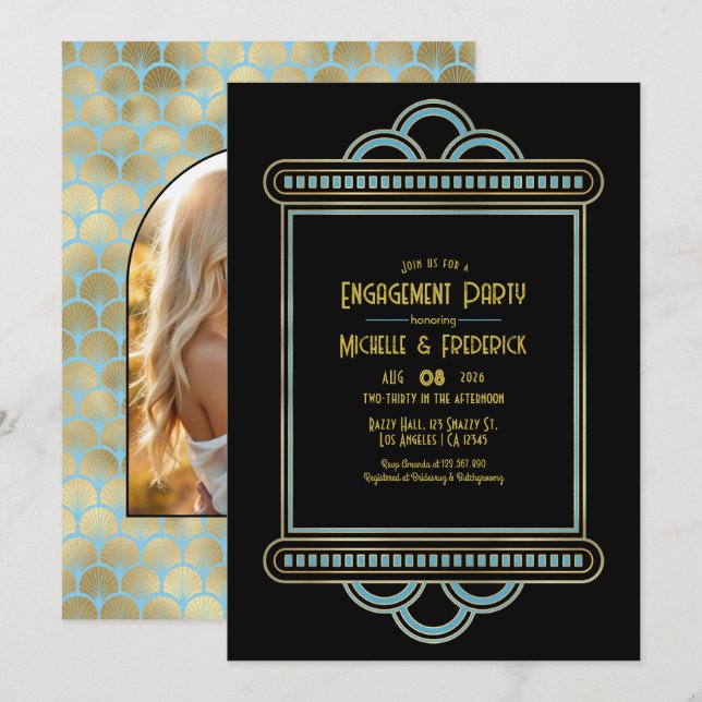 Gatsby Art Deco Blue & Gold Engagement Party Photo Invitation (Front/Back)