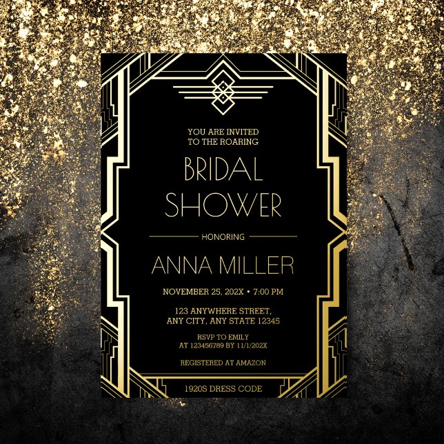 Gatsby Art Deco Gold and Black Bridal Shower Foil Invitation (Creator Uploaded)