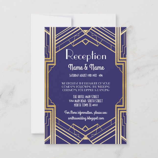 Gatsby Art Deco Gold Wedding Reception Cards (Front)