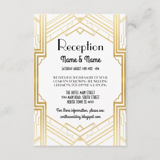 Gatsby Art Deco Gold Wedding Reception Cards (Front)