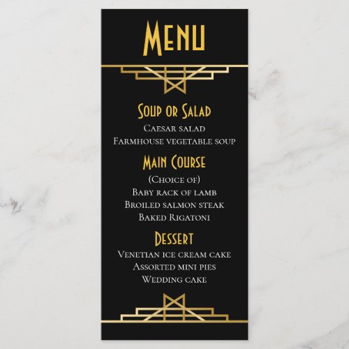 Gatsby Art Deco Menu Black  Gold Wedding Party