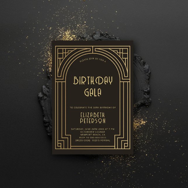 Gatsby Art Deco Nouveau Gold Roaring 20s Birthday Invitation (gatsby party invitation roaring 20s twenties art deco nouveau frame black gold formal elegant)