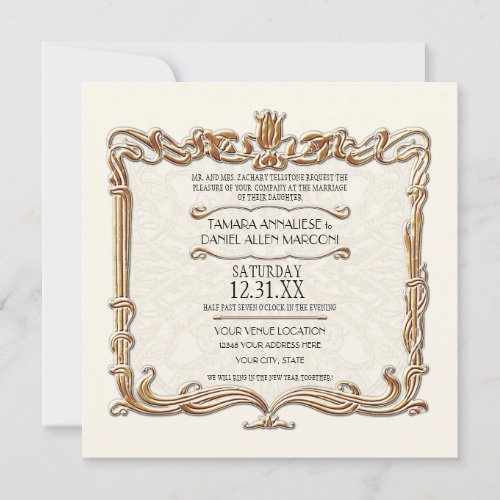 Gatsby Art Deco Nouveau Lace Faux Gold Tulip Invitation