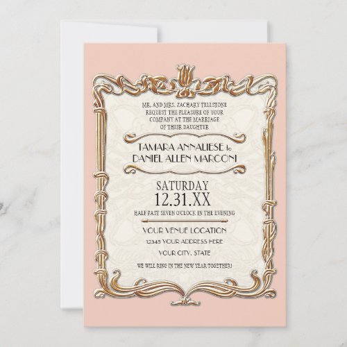 Gatsby Art Deco Nouveau Lace Faux Gold Tulip Invitation