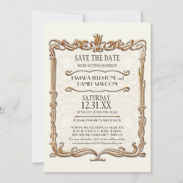 Gatsby Art Deco Nouveau Lace Faux Gold Tulip Invitation (Front)
