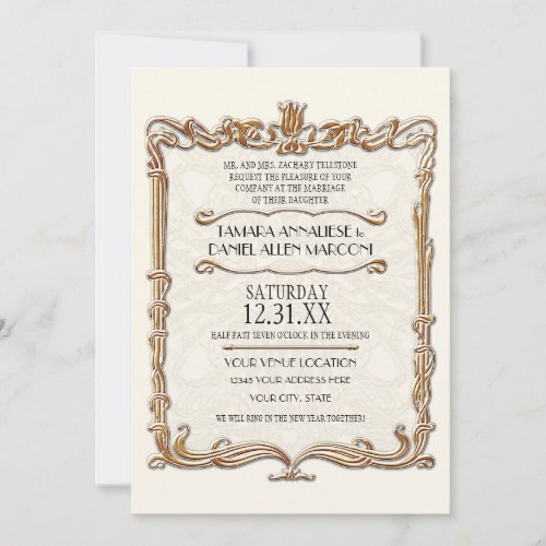 Gatsby Art Deco Nouveau Lace Faux Gold Tulip Invitation