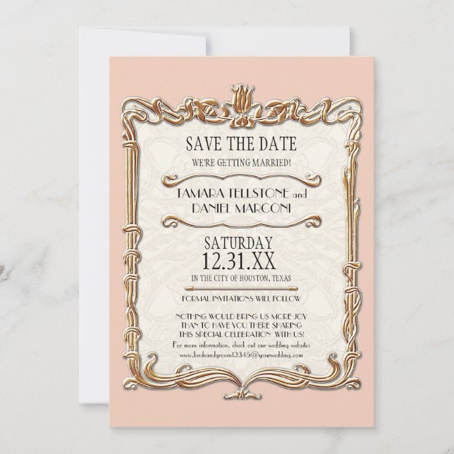 Gatsby Art Deco Nouveau Lace Faux Gold Tulip Save The Date (Front)