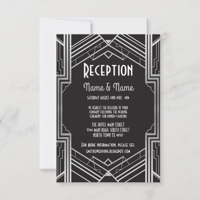Gatsby Art Deco Silver Wedding Reception Cards (Front)