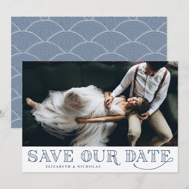 Gatsby Art Deco Typography Blue Save the Date (Front/Back)