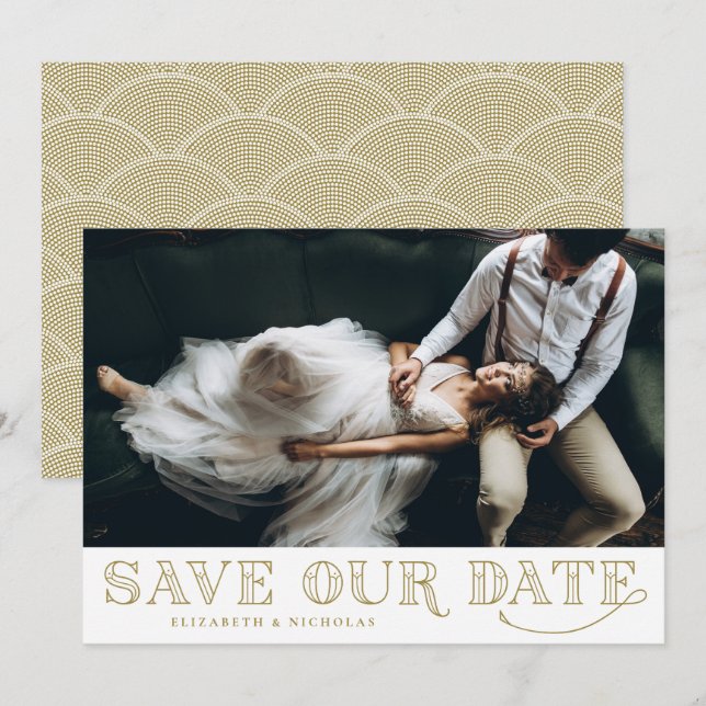 Gatsby Art Deco Typography Gold Save the Date (Front/Back)