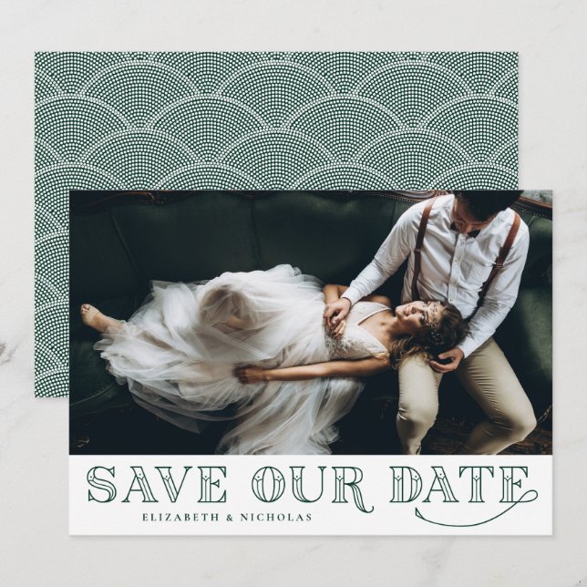 Gatsby Art Deco Typography Green Save the Date (Front/Back)