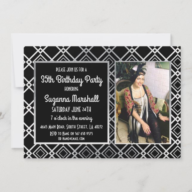 Gatsby Birthday Party 1920's Roaring Silver Invite (Front)