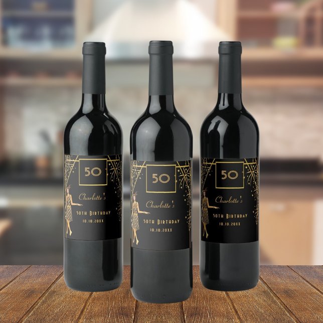 Gatsby Birthday party black gold retro art deco Wine Label (Creator Uploaded)