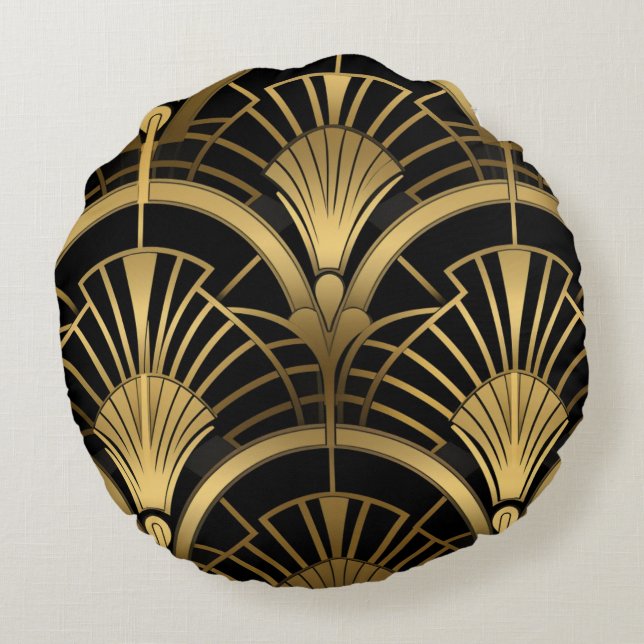 Gatsby - Black and Gold Art Deco Round Pillow (Back)