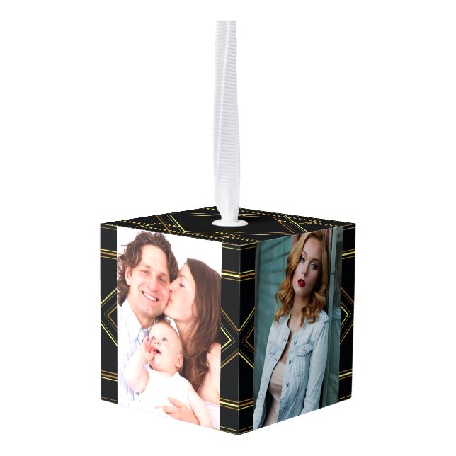 gatsby black and gold geometric pattern art deco cube ornament (Back Angled)